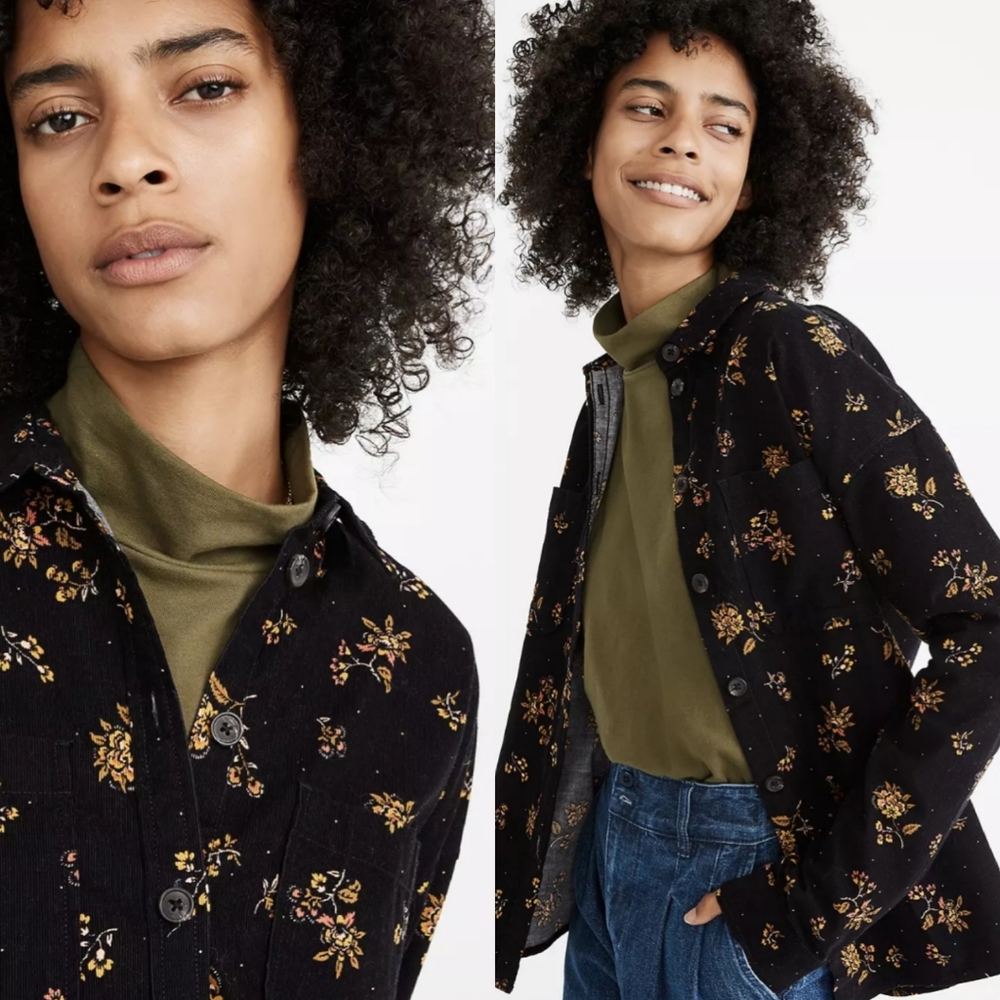Madewell Black Floral Button-Down Shirt Jacket